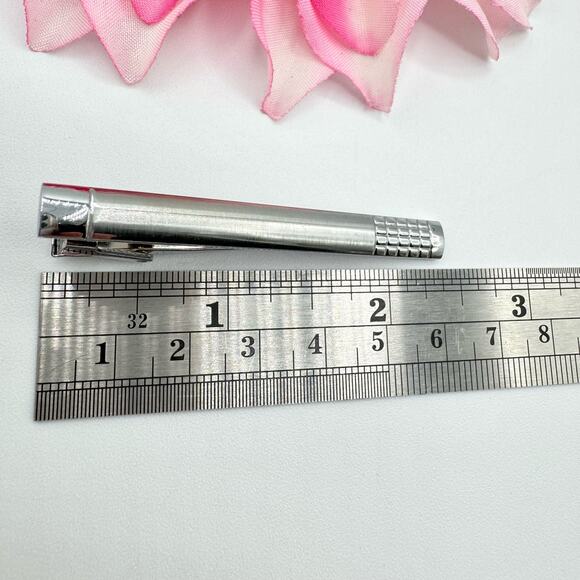 Long Skinny Tie Clip Bar Clasp Satin Finish Silver Tone Textured Squares Matte - Picture 7 of 9